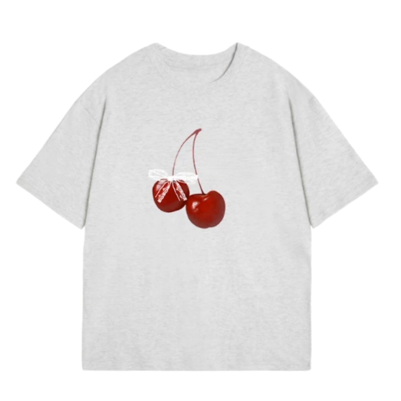 Trendy Bow & Cherry Print T-Shirt — Gray