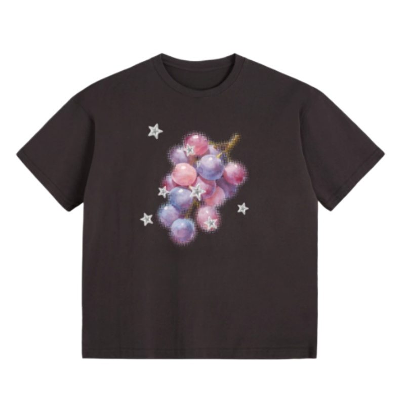 Grape Print Hip-Hop Style T-Shirt — Dark Plum Purple