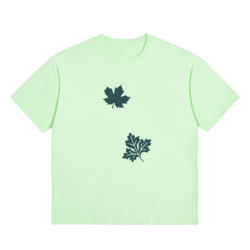 Leaf-Print Simple T-Shirt — Light Green